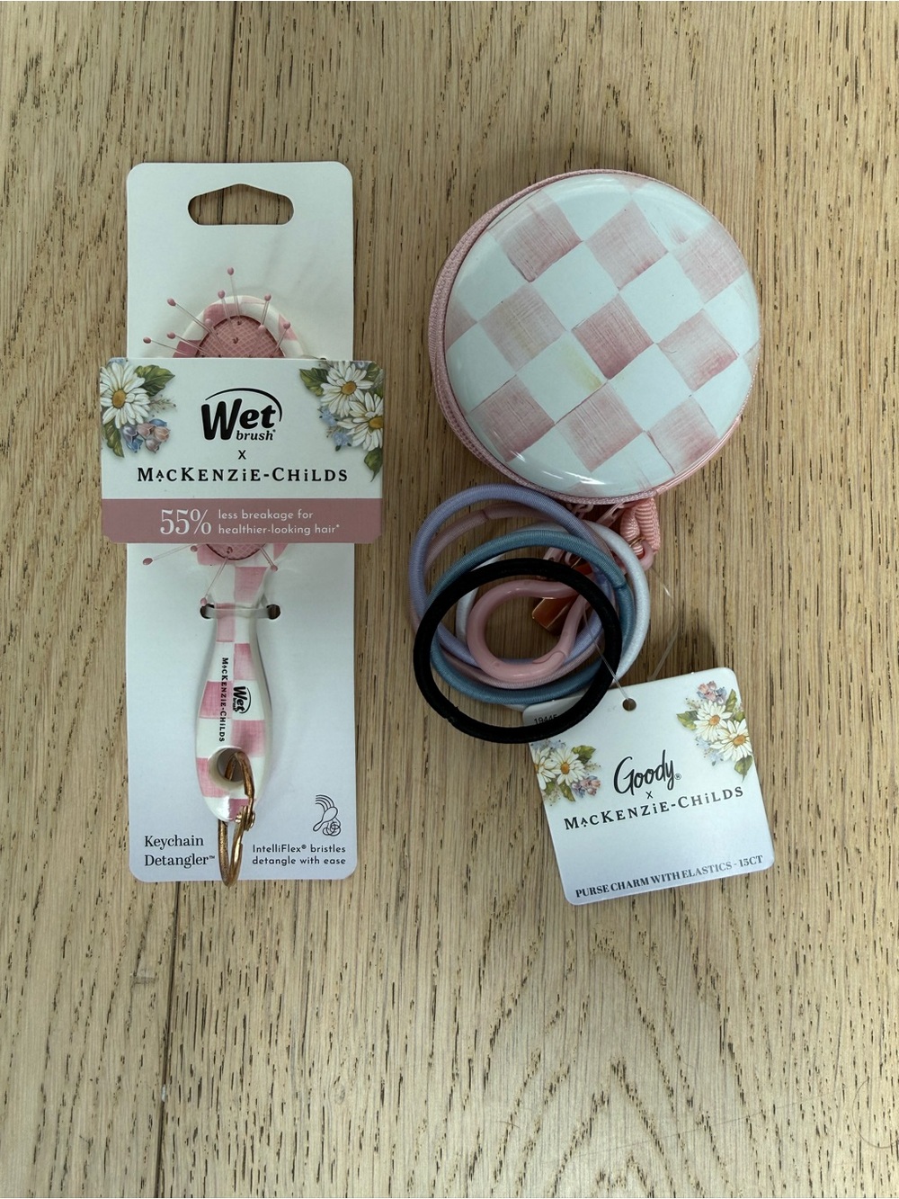 MacKenzie-Childs Pink Check Compact Mirror with Coordinating Hair Elastics